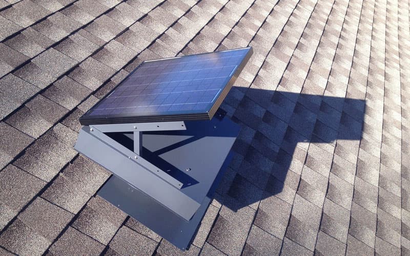30-watt roof-mount solar attic fan installed on an asphalt shingle roof
