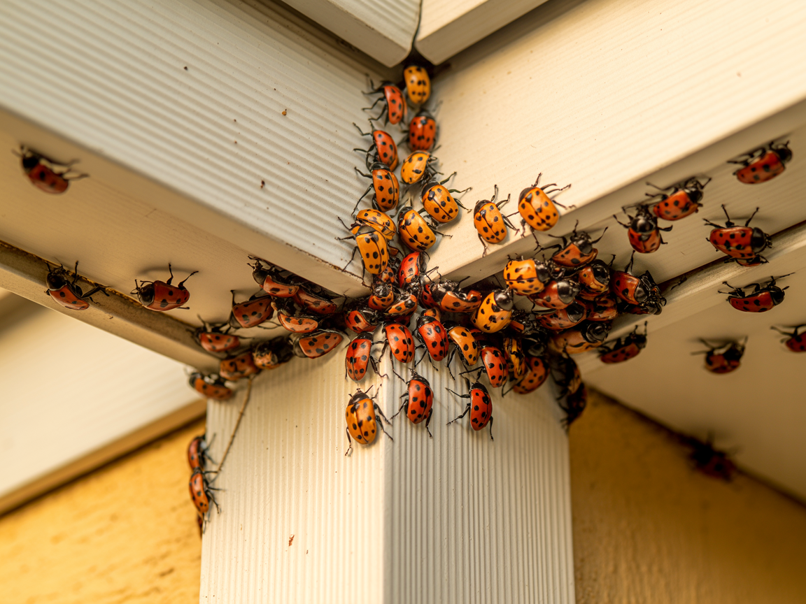 Asian lady beetles swarming around home soffit and trim