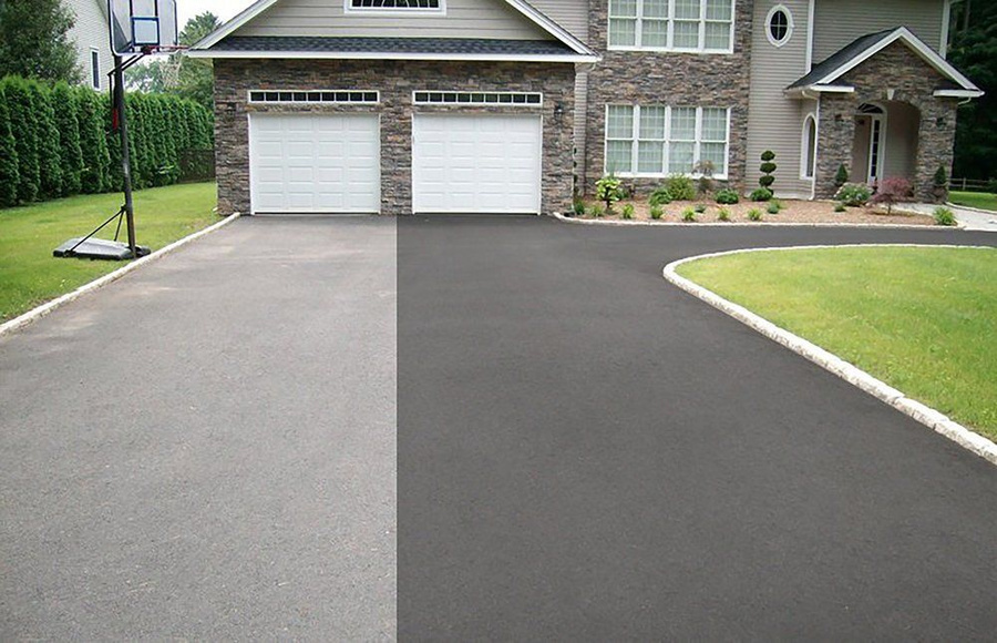 NCAT color restoration test showing faded gray asphalt before treatment and rich dark black asphalt after Fresh Asphalt application