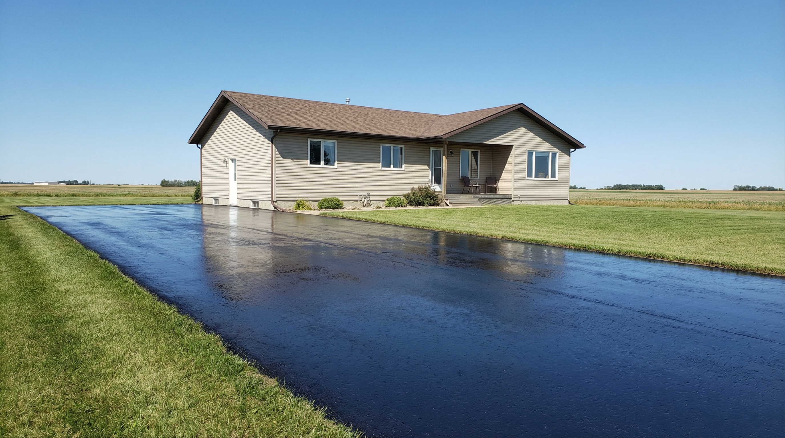 Freshly sealed rich dark black asphalt driveway after Fresh Asphalt treatment