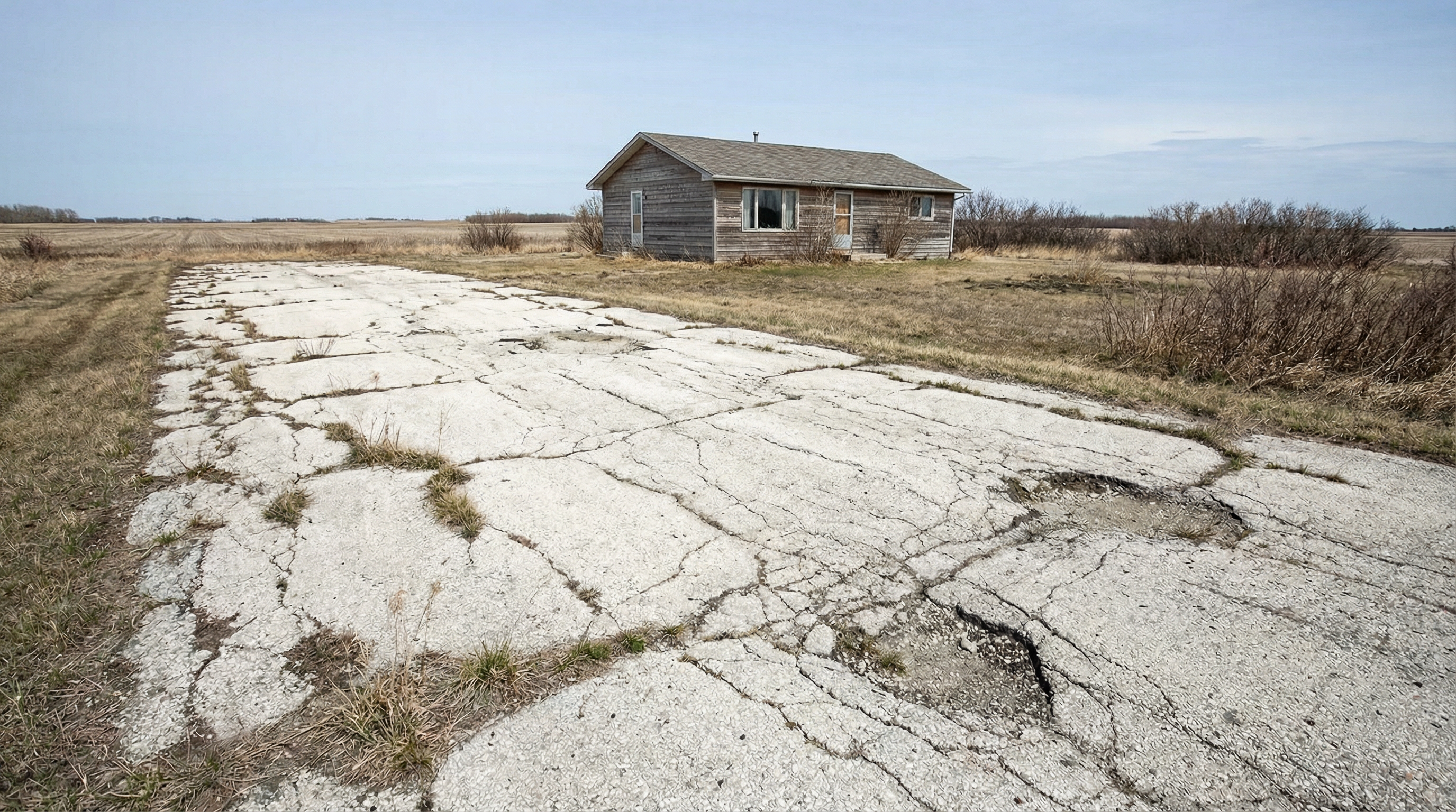 Worn, faded, cracked gray asphalt driveway before Fresh Asphalt sealing treatment