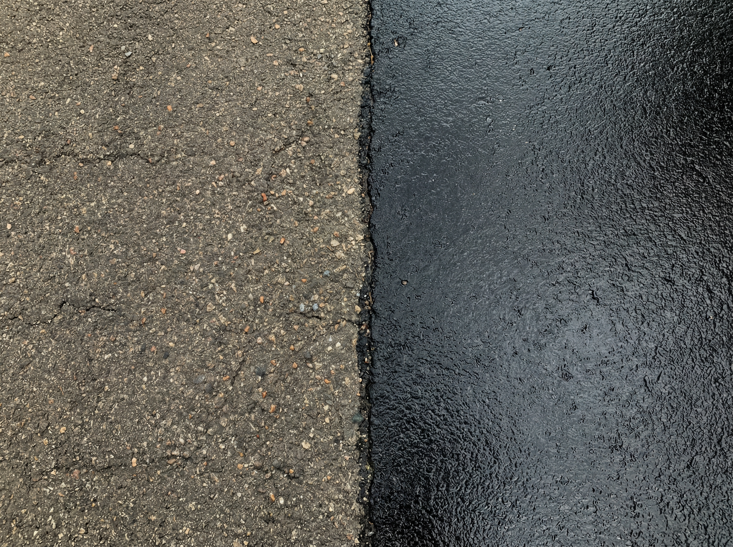 Close-up comparison of old oxidized gray asphalt versus freshly sealed dark black asphalt