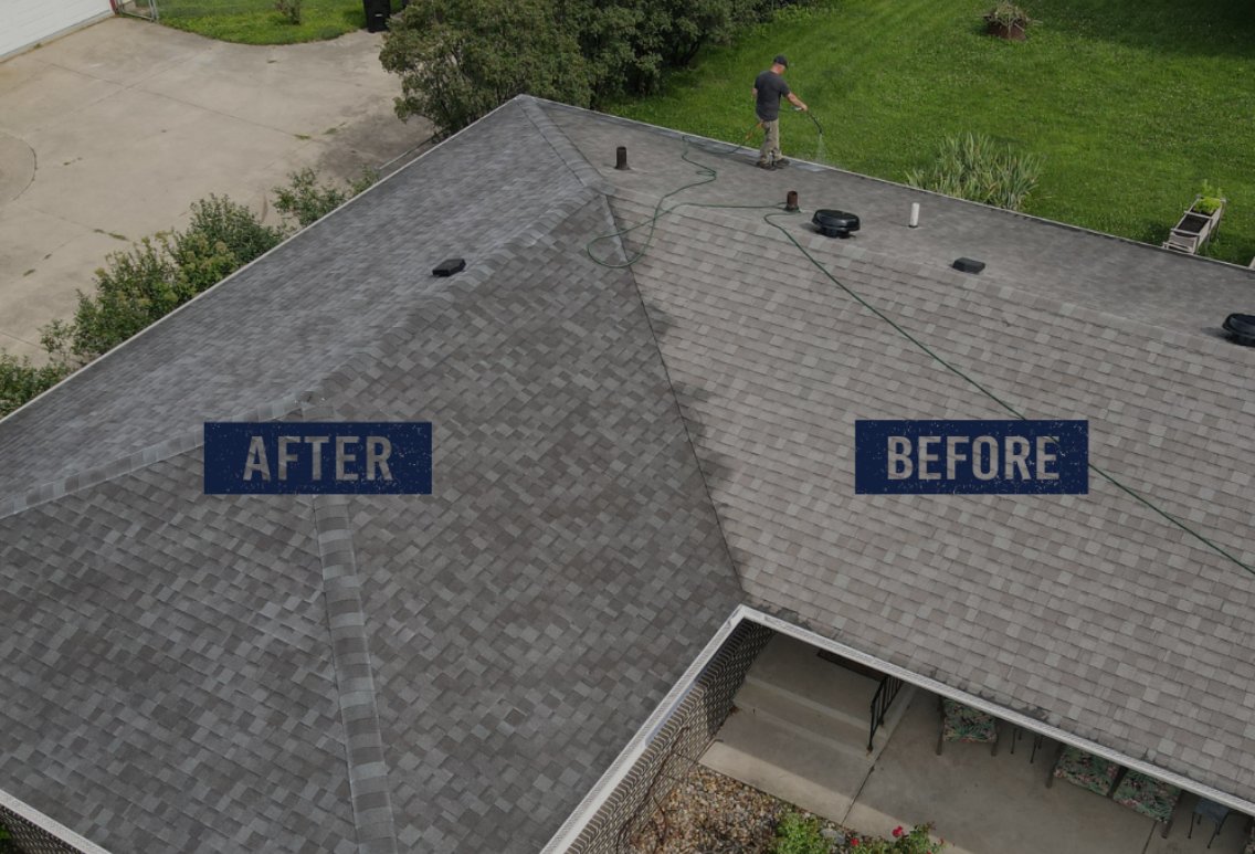 Side-by-side before and after comparison of roof shingles treated with GreenSoy rejuvenation