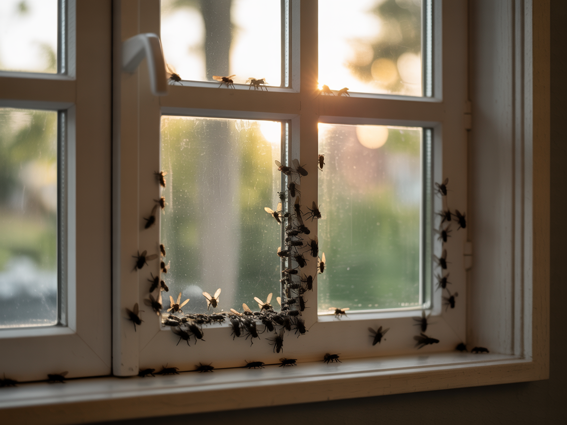 Cluster flies gathered on a window pane inside a Manitoba home