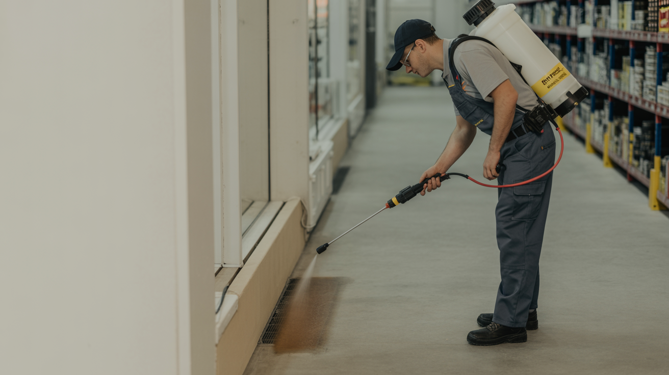 Professional pest control treatment inside a commercial warehouse space