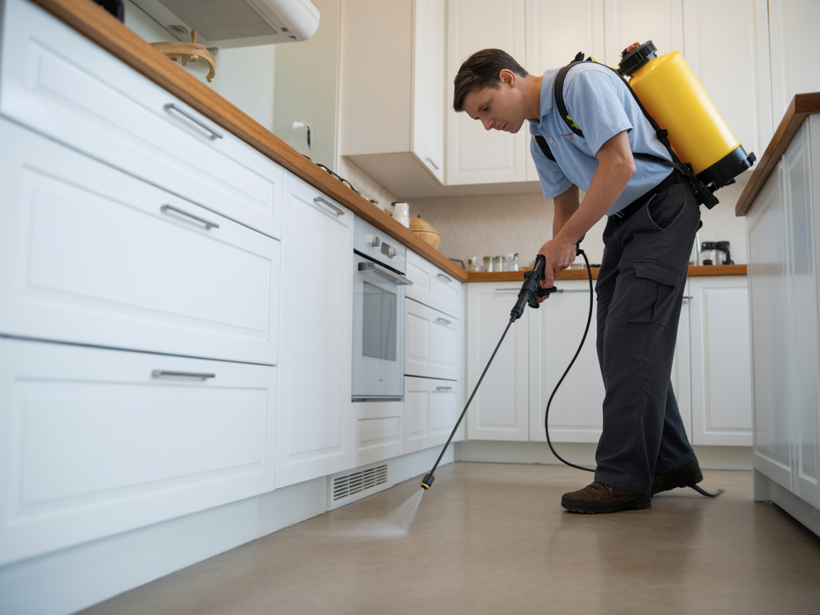 Pest control technician treating interior baseboards of a home kitchen