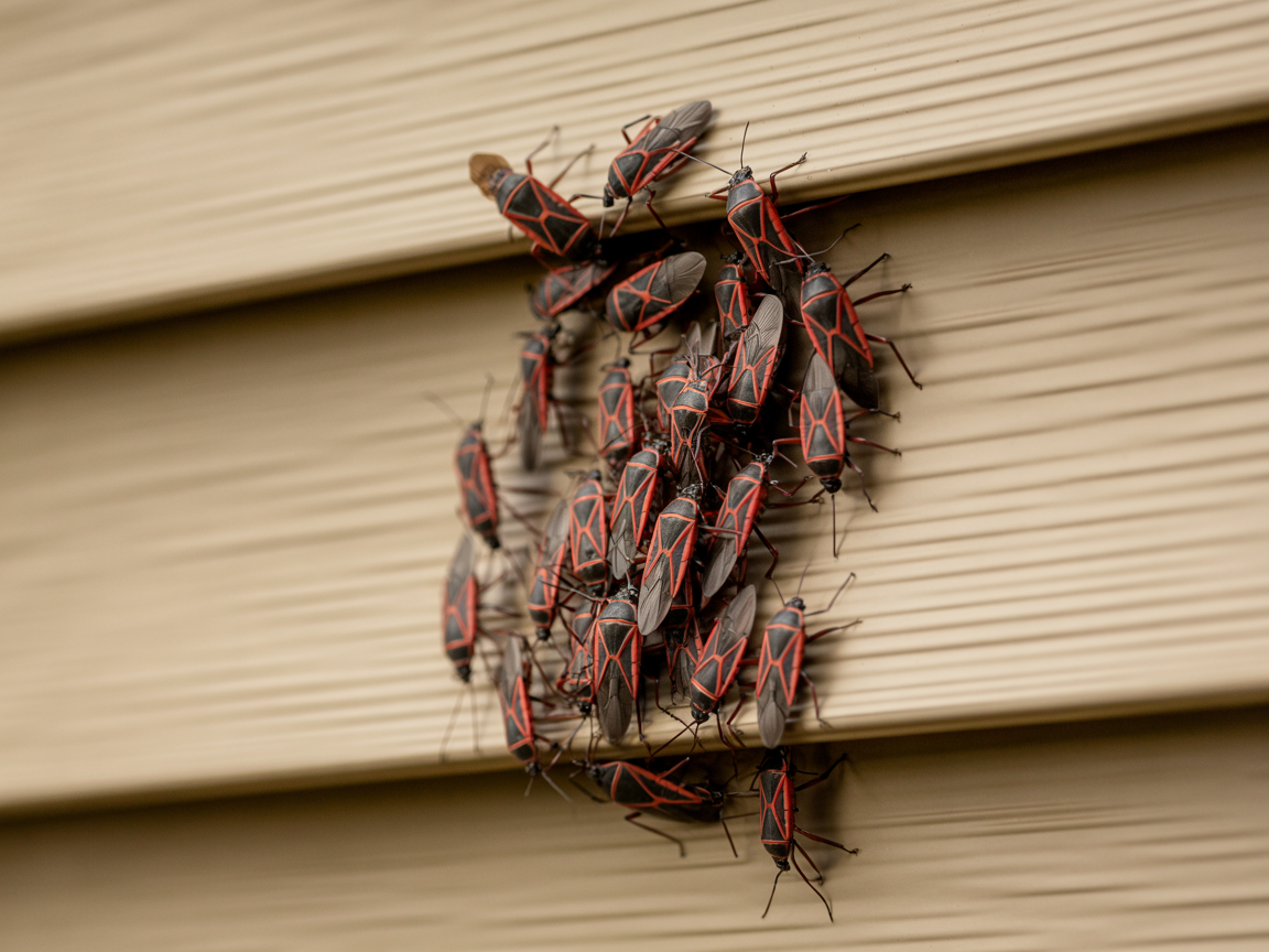 Maple bugs (box elder bugs) clustered on house siding in Manitoba
