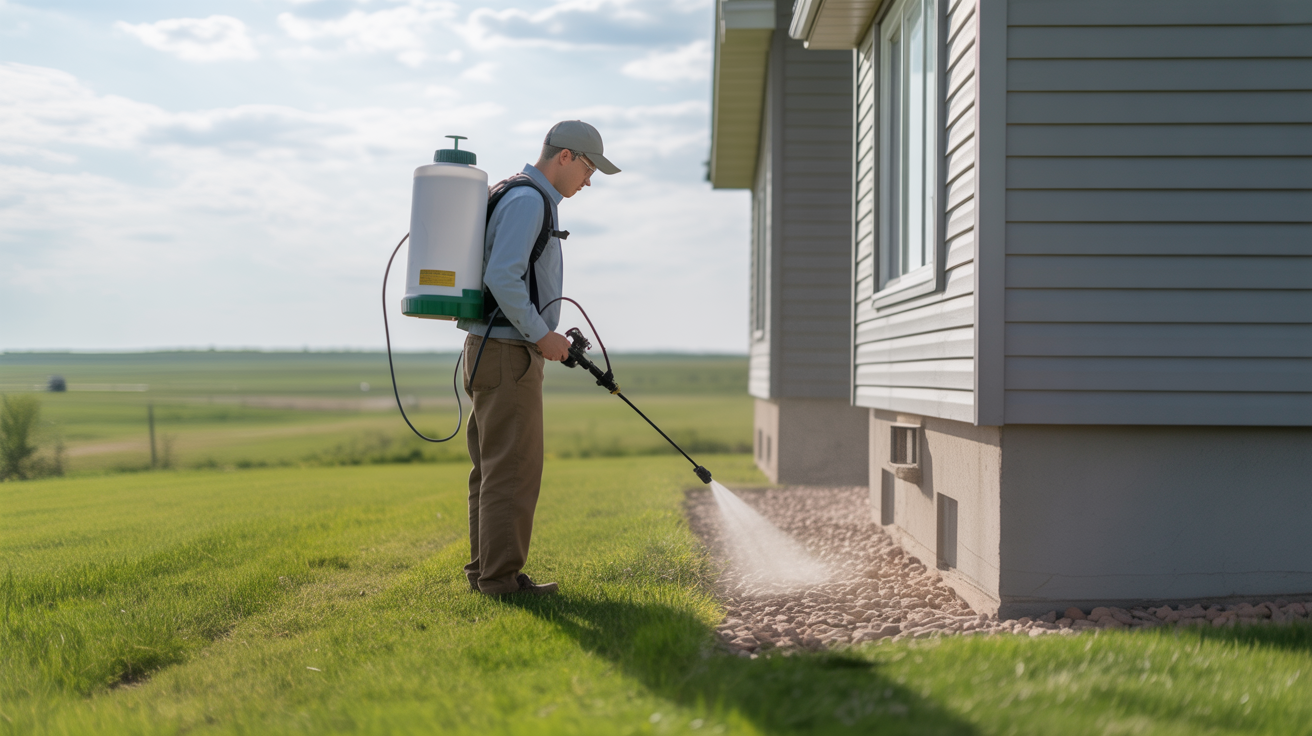 Pest control professional applying barrier treatment around a Manitoba home foundation