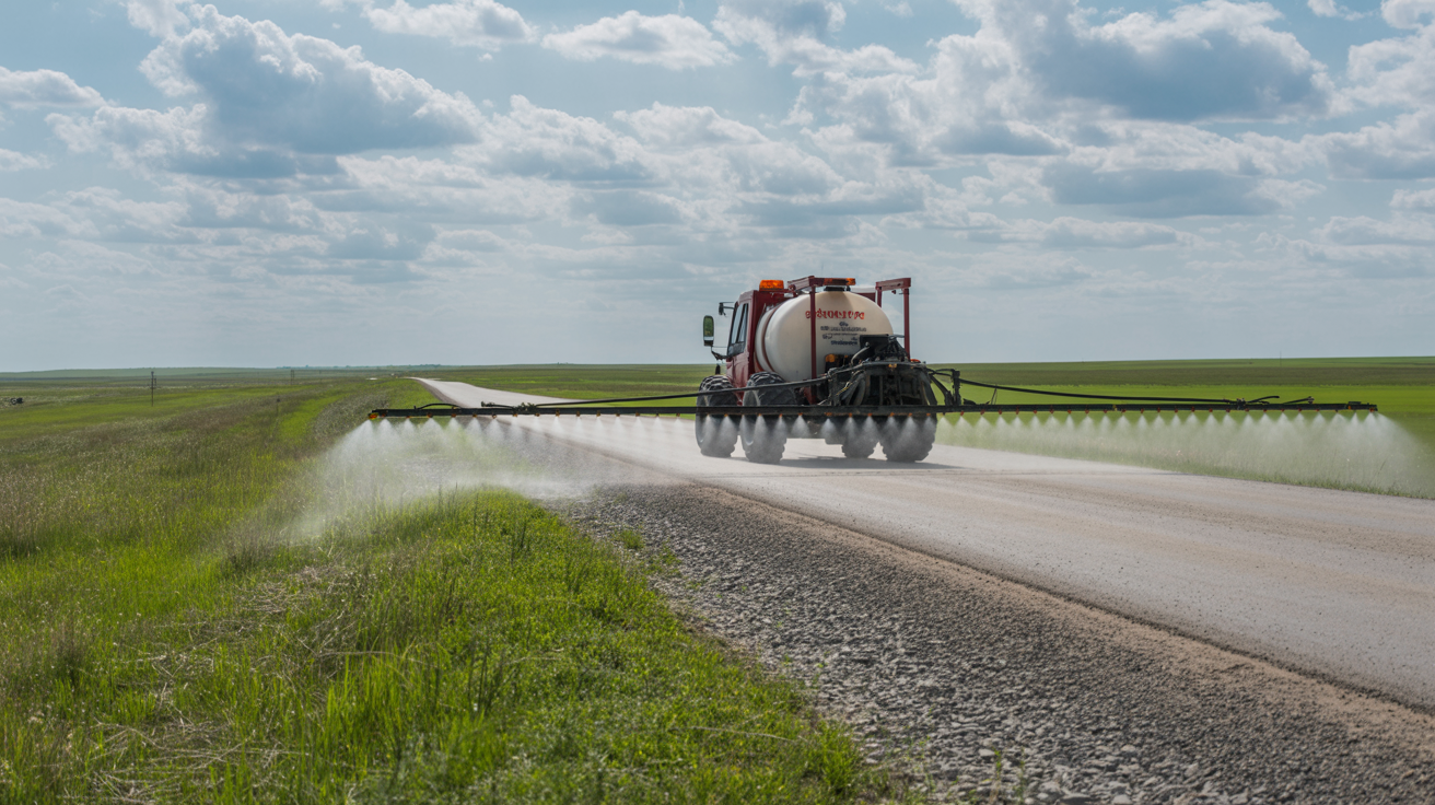 Municipal spray truck treating rural road right-of-way in the Canadian prairies