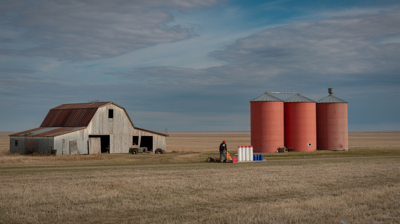 Rodent control bait stations on a rural Manitoba farm near grain bins