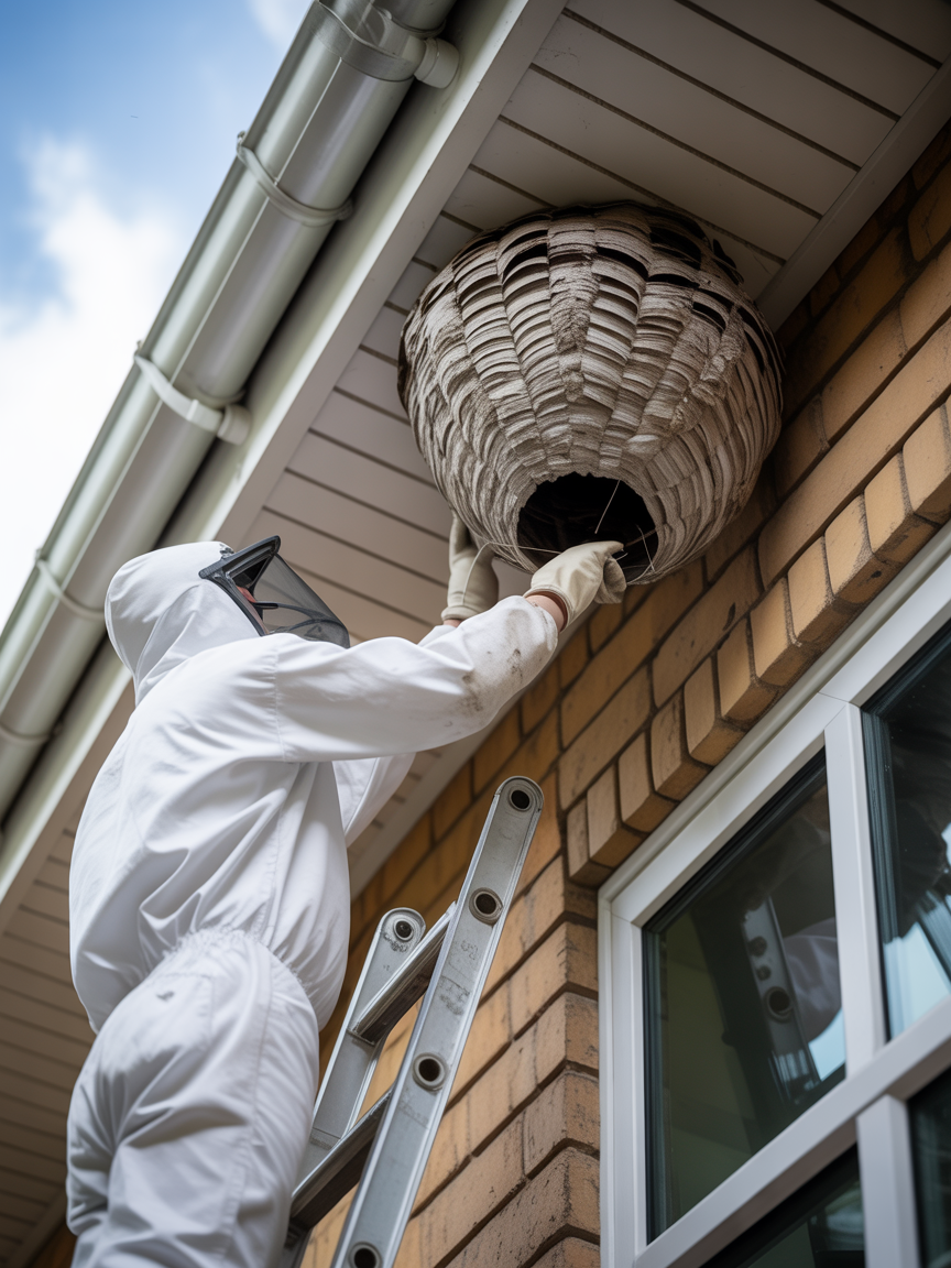 Professional removing wasp nest from residential eaves